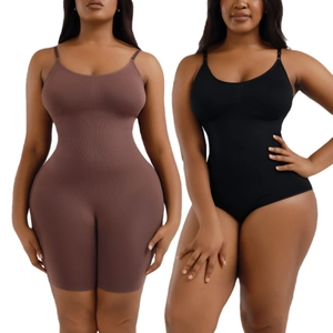 Women's seamless shapewear bodysuit in black and brown featuring firm tummy control
