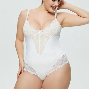 White lace bodysuit with adjustable thin straps and floral trim for women
