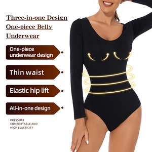 Women's black long sleeve seamless body shaper with tummy control and butt lifting effect