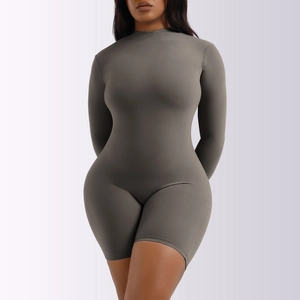 Detail of dark grey thermal long-sleeve bodysuit with high-elasticity ribbed fabric