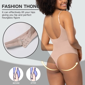 Detailed back view of seamless thong bodysuit featuring adjustable hook-and-eye closure