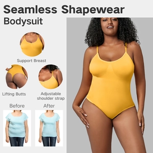 Detail of yellow seamless bodysuit showing adjustable straps and tummy control effect