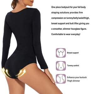 Detail view of black long sleeve bodysuit showing tummy control and butt lifting features