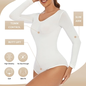White long sleeve shaping bodysuit with deep U-neck for tummy control and butt lifting