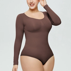 Detail of high-stretch fabric on dark brown long sleeve bodysuit for slimming effect