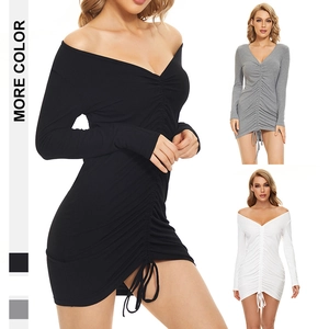Robe Moulante Sexy à Col en V avec Cordon de Serrage pour Femmes Mini Robe Manches Longues Tricot Côtelé Coupe Ajustée Fête