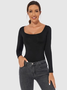 Detail view of women's long sleeve bodysuit with square neck and high elastic slim fit