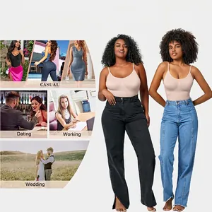 Women seamless shapewear bodysuit in beige styled with jeans for multiple daily occasions