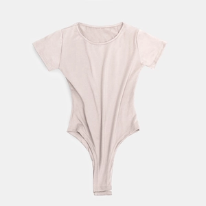Close-up of the snap-button closure on the bottom of a pink short-sleeve bodysuit