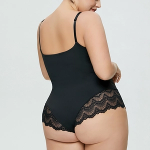 Detailed back view of lace patchwork bodysuit showing delicate eyelash lace trim and straps