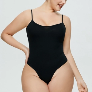 Slim fit black ribbed bodysuit with skinny straps and U-neckline for women
