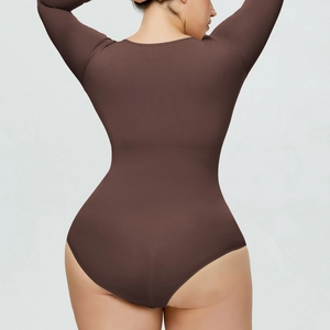 Rear view of brown long sleeve bodysuit showing body shaping fit and premium elastic fabric