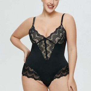 Elegant plus size black lace bodysuit with V-neck patchwork and adjustable straps