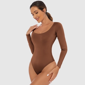 Close-up of brown long sleeve bodysuit with scoop neckline and high-cut leg detail