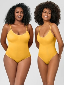 Detail showing elastic seamless bodysuit in yellow for different body sizes and shapes