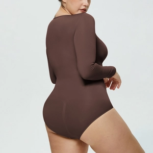 Detail view of the brown long sleeve bodysuit showing slim fit and shaping back silhouette
