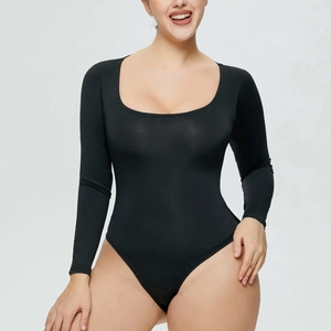 Detailed view of women's black square neck long sleeve bodysuit with slimming fit