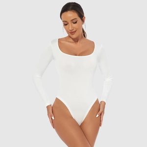 Close-up of white long sleeve bodysuit featuring high-elastic fabric and square neckline