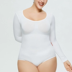 Close-up of white long-sleeve bodysuit featuring a round neck and high elasticity fabric
