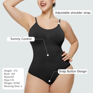 Detail view of black seamless bodysuit with adjustable straps and snap button closure