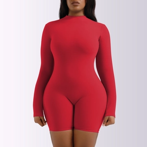 Close-up of bright red high-neck long-sleeve bodysuit with elastic thermal fabric texture