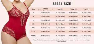 Size chart for deep V lace bodysuit showing length, bust, waist and hip in S to 4XL sizes