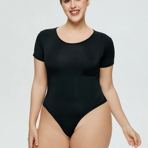 Close-up of black short sleeve bodysuit with high-cut design and crew neckline