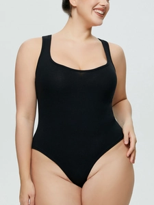 Plus size black ribbed sleeveless bodysuit for women featuring a scoop neck and slim fit