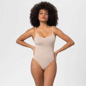 Detailed close-up of seamless nude bodysuit with adjustable spaghetti straps and U-neck