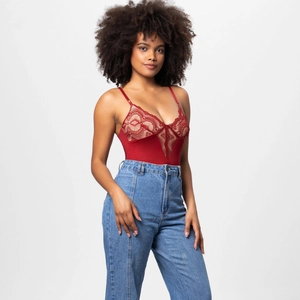 Detail shot of deep red lace patchwork and slim fit deep V-neck on the bodysuit