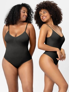 Detail of black seamless bodysuit featuring ribbed fabric texture and deep V-neckline style