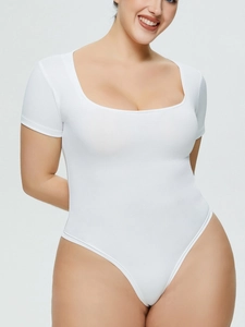 Women's white square neck short sleeve bodysuit with slim fit and elastic stretch fabric