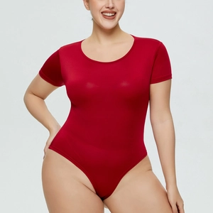 Detailed close-up of dark red bodysuit showing round neck, short sleeves and elastic fabric