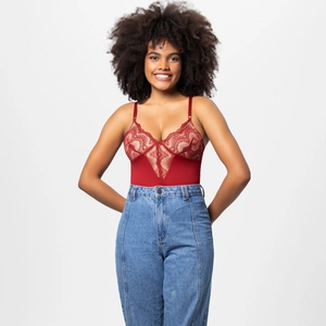 Sexy wine red lace bodysuit with deep V-neck paired with high-waist denim jeans