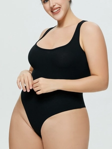 Sleeveless black ribbed bodysuit with scoop neck and high-cut thong for plus size women