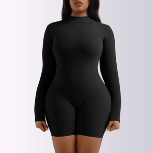 Detailed front view of women's black long sleeve bodysuit with half-turtleneck and slim fit