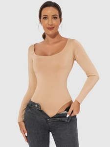 Slim fit long sleeve bodysuit for women with a square neckline in nude beige color