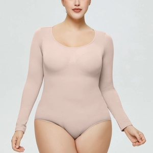 Close-up of seamless nude long-sleeve bodysuit with high-elastic compression fabric
