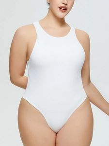 Slim fit white sleeveless bodysuit with racerback and high cut leg for women