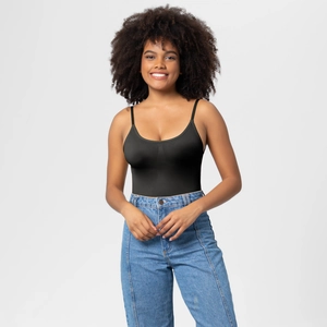 Detail of black seamless bodysuit with adjustable spaghetti straps and knit texture