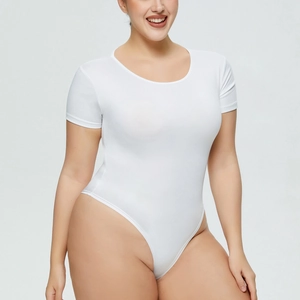 Detail of white short sleeve bodysuit showing round neck design and elastic fabric texture