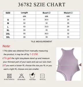 Detailed size chart for seamless bodysuit showing S-3XL measurements and washing instructions