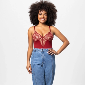 Close-up of dark red lace bodysuit with deep V-neckline and intricate floral embroidery