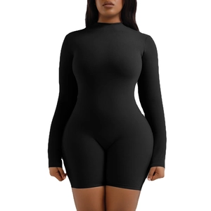 Black long sleeve mock neck bodysuit for women featuring a slim fit stretch fabric design