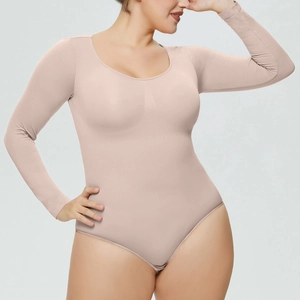 Nude long sleeve shapewear bodysuit for women with a round neck and compression fit