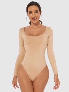 Detail view of the square neck design on this slim fit nude long sleeve bodysuit