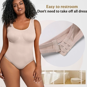 Detail view of the seamless shapewear bodysuit featuring adjustable three-row crotch hooks