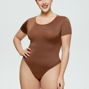 Detail of high-waist dark brown bodysuit with crew neck and short sleeves stretch fit
