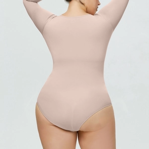 Back view of high-stretch nude long sleeve shapewear bodysuit with seamless knit fabric