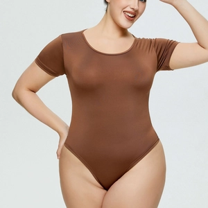 Close-up of brown short sleeve bodysuit with a round neck and slim fit texture